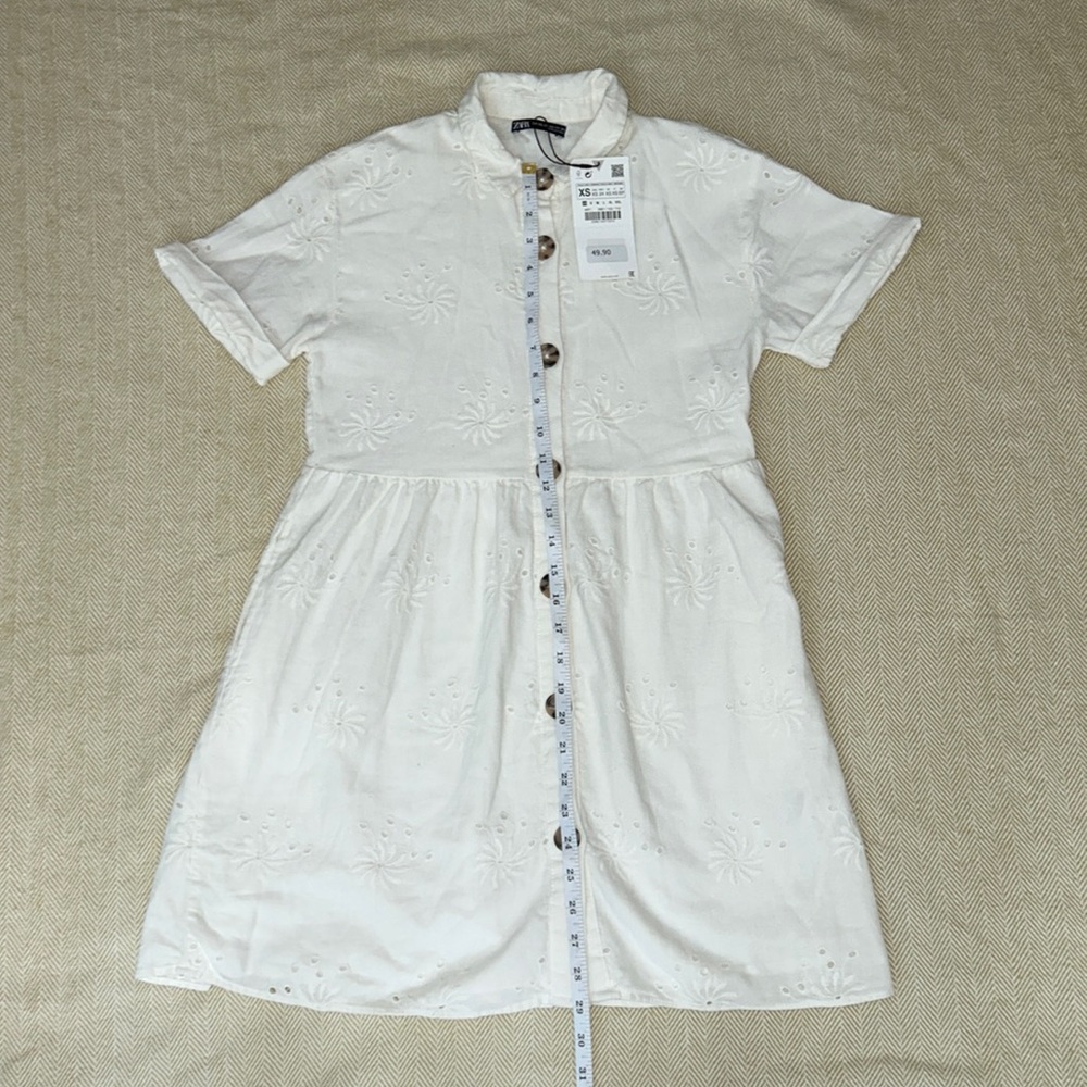 Zara White Embroidered button down dress